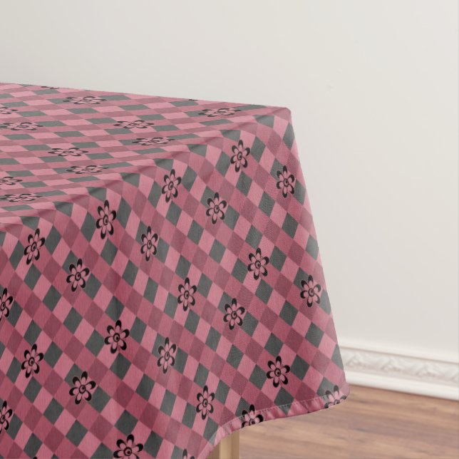 Grey pink geometric chequered pattern with flowers tablecloth (In Situ)