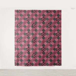 Grey pink geometric chequered pattern with flowers tapestry