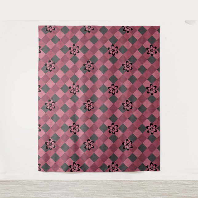 Grey pink geometric chequered pattern with flowers tapestry (Front)