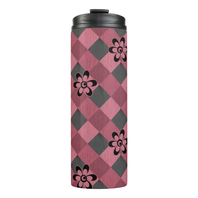 Grey pink geometric chequered pattern with flowers thermal tumbler (Front)