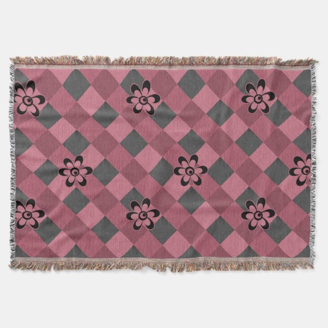Grey pink geometric chequered pattern with flowers throw blanket (Front)