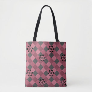 Grey pink geometric chequered pattern with flowers tote bag