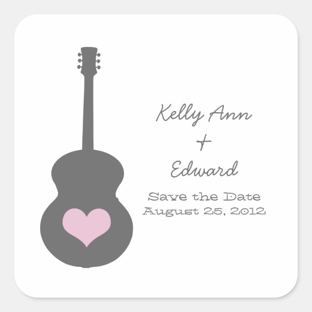 Grey/Pink Guitar Heart Save the Date Stickers (Front)