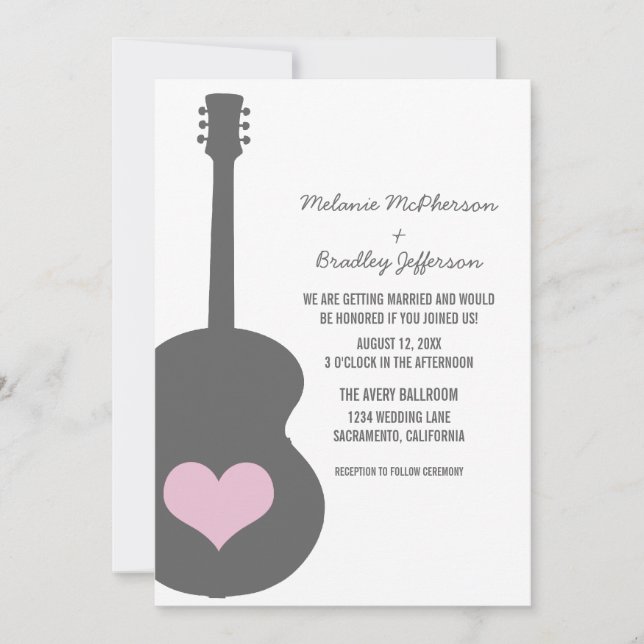 Grey/Pink Guitar Heart Wedding Invite (Front)