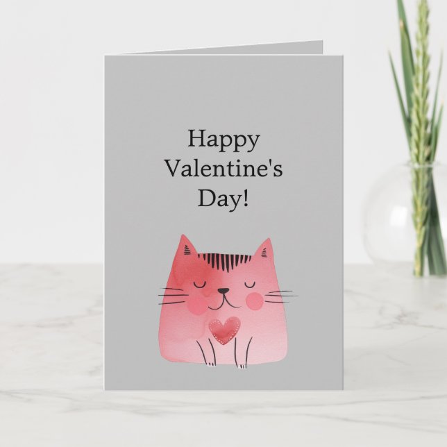 Grey Pink Heart Cat Card (Front)