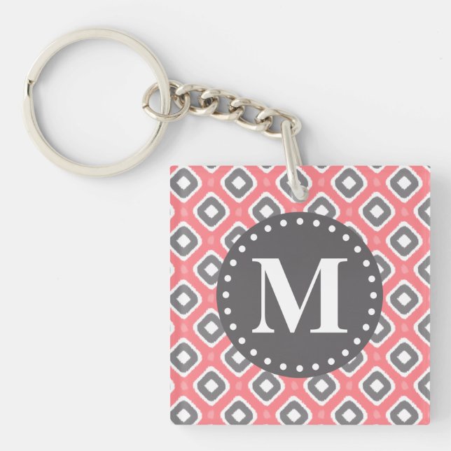 Grey Pink Ikat Mod Pattern with Monogram Key Ring (Front)