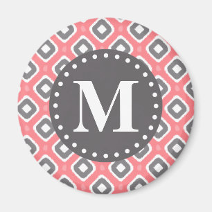 Grey Pink Ikat Mod Pattern with Monogram Magnet