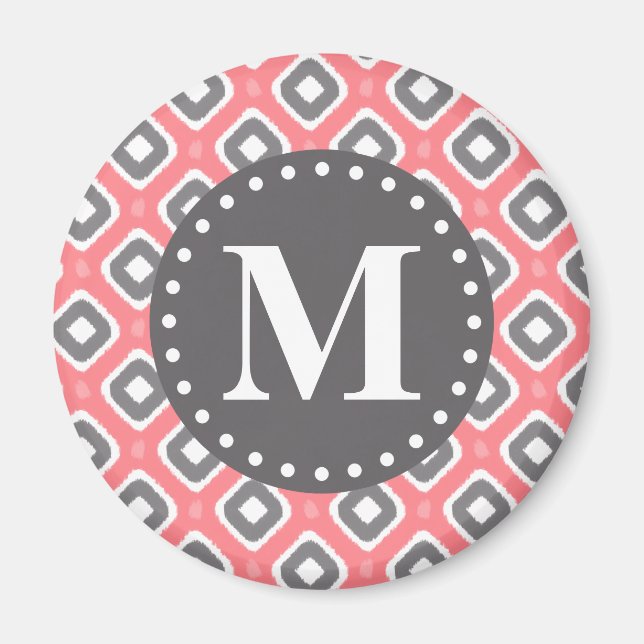 Grey Pink Ikat Mod Pattern with Monogram Magnet (Front)