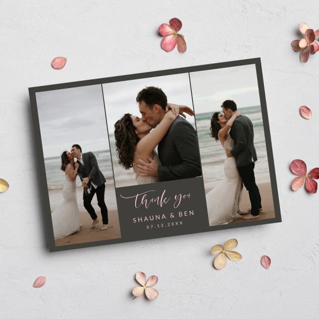 Grey Pink Lined Back 3 Photos Wedding Thank You (Creator Uploaded)