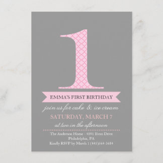 Grey & Pink Modern Pattern 1 Birthday Invitation