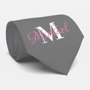 Grey & Pink Monogramed Necktie