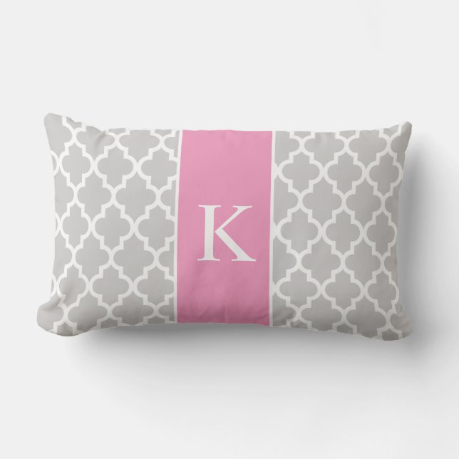 Grey Pink Moroccan Custom Monogram Lumbar Cushion (Front)