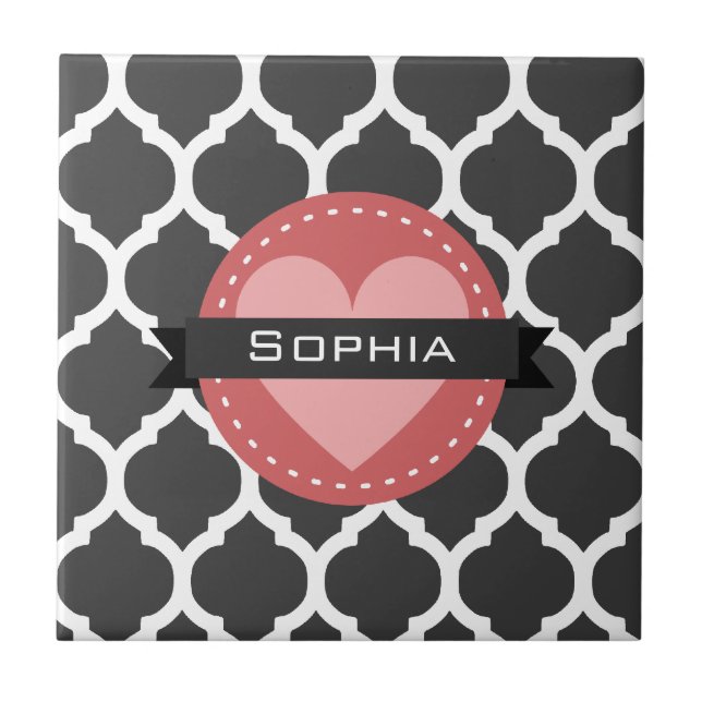 Grey Pink Moroccan Lattice Pattern Ceramic Tile (Front)