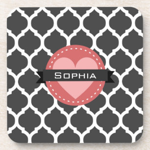 Grey Pink Moroccan Lattice Pattern Coaster