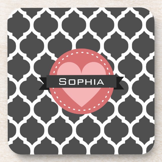 Grey Pink Moroccan Lattice Pattern Coaster (Front)