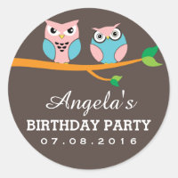 Grey Pink Owl Cartoon Sticker for Kids Birthday