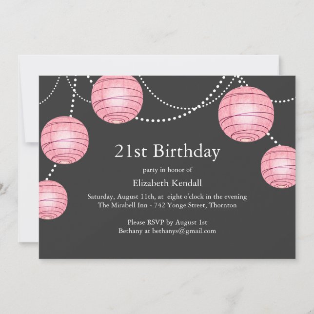 Grey & Pink Party Lantern 21st Birthday Invitation (Front)