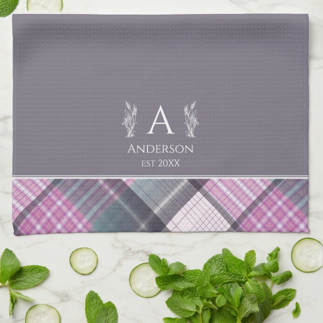 Grey & Pink Plaid Personal Custom Name Monogram Tea Towel (Folded)