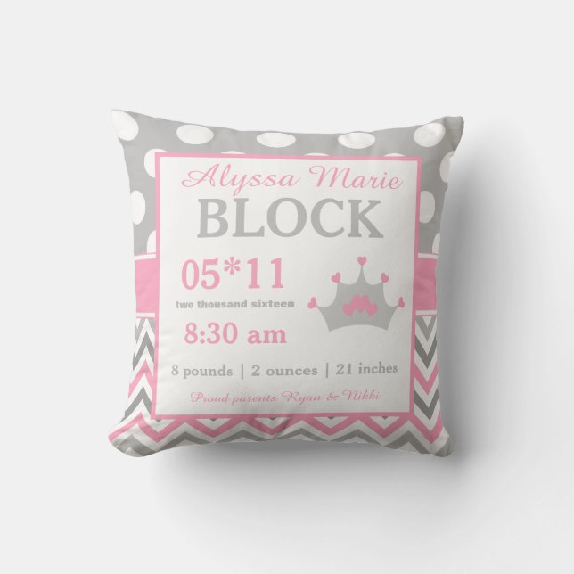 Grey Pink Princess Baby Announcement Pillow (Front)