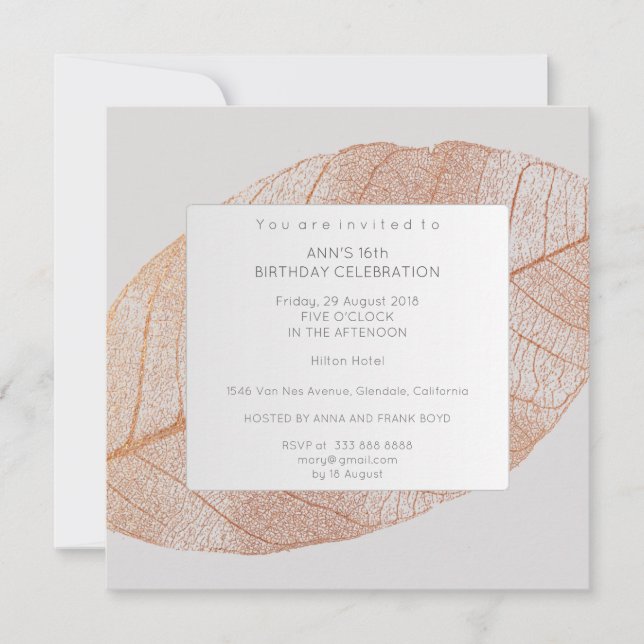 Grey Pink Rose Gold Leaf Birthday Party Invitation (Front)