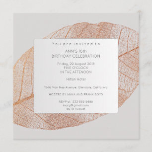 Grey Pink Rose Gold Leaf Birthday Party Invitation