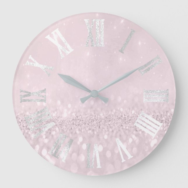 Grey Pink Silver Glitter Metal Roman Numers Large Clock (Front)