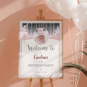 Grey Pink Snow Winter 1st Birthday Welcome Photo Poster