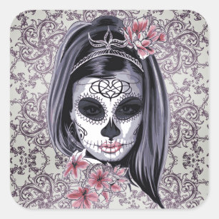 Grey/Pink Sugar Skull/Day of the Dead Girl Sticker