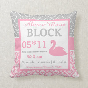 Grey Pink Swan Baby Announcement Pillow