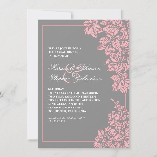 grey & pink vineyard rehearsal dinner invites (Front)