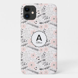 Grey Pink Whimsical Flowers Monogram iPhone 11 Case