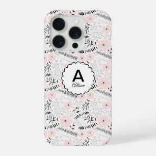 Grey Pink Whimsical Flowers Monogram iPhone 15 Pro Case