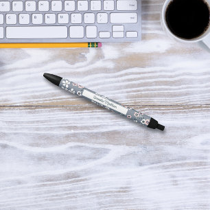 Grey Pink White Bohemian Floral Ditsy Monogrammed Black Ink Pen