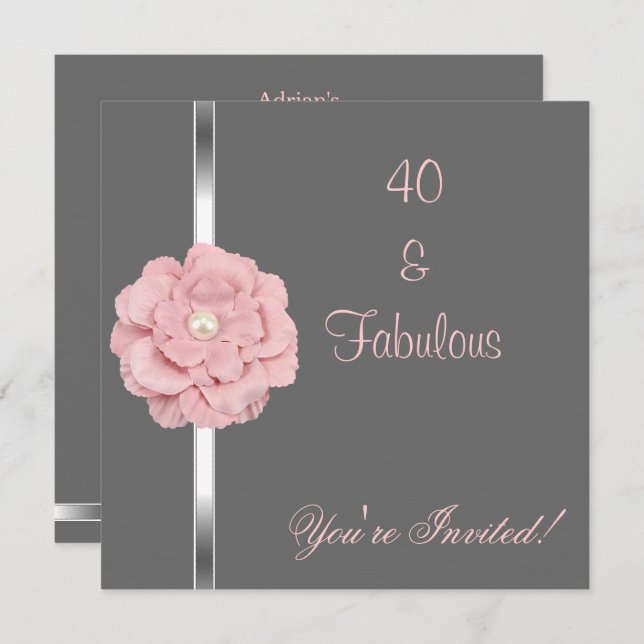 Grey Pink White Pearl Flower Fabulous 40th Party Invitation (Front/Back)