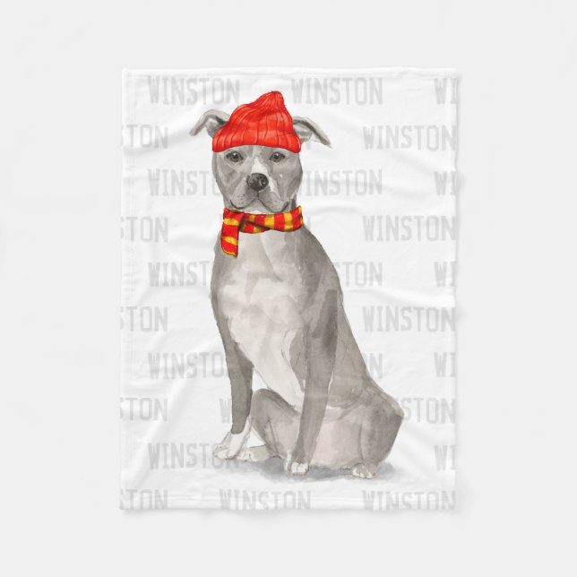 Grey Pit Bull with Dog's Name Pet Fleece Blanket (Front)