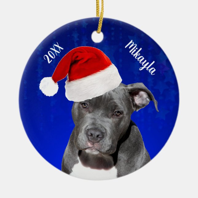 Grey Pit Bull with Santa Hat Christmas Ceramic Orn Ornament (Front)