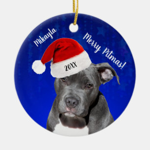 Grey Pit Bull with Santa Hat Merry  Pitmas Ceramic Ornament