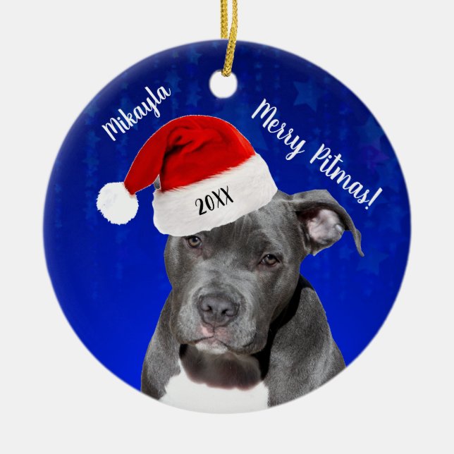 Grey Pit Bull with Santa Hat Merry  Pitmas Ceramic Ornament (Front)