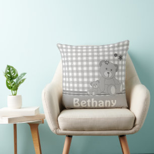 Grey Plaid and Cute Teddy Bears Personalised Cushion