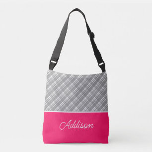Grey Plaid And Pink Stripe Crossbody Bag