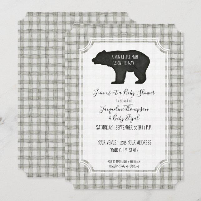 Grey Plaid Bear Woodsy Forest Tree Baby Boy Shower Invitation (Front/Back)