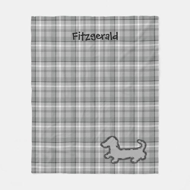 Grey Plaid Dachshund Fleece Blanket (Front)