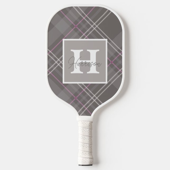 Grey Plaid Monogram Name Customisable  Pickleball Paddle (Front)