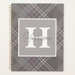 Grey Plaid Monogram Name Personalised  Planner