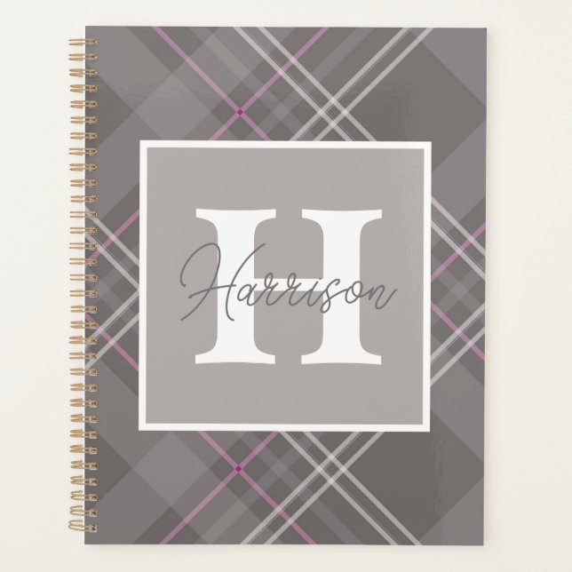 Grey Plaid Monogram Name Personalised  Planner (Front)