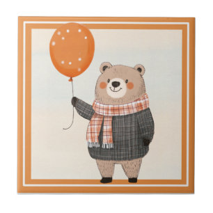 Grey Plaid Sweater Bear with Orange Plaid Scarf Ceramic Tile