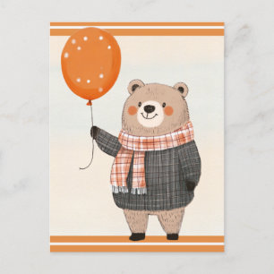 Grey Plaid Sweater Bear with Orange Plaid Scarf Postcard