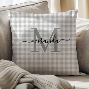 Grey Plaid Throw Pillow with Monogram