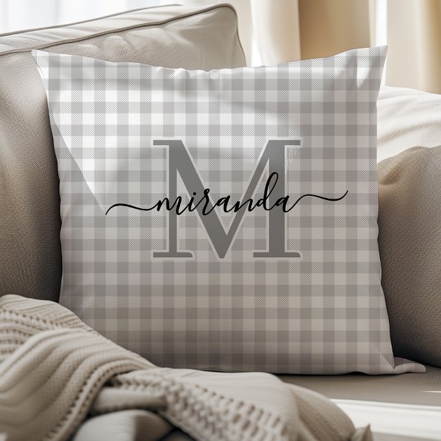 Grey Plaid Throw Pillow with Monogram (Creator Uploaded)
