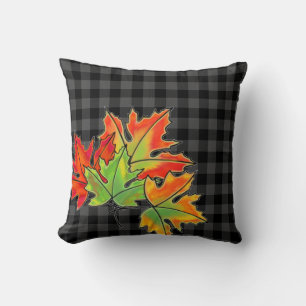 Grey Plaid with Fall Maple Leaves Cushion